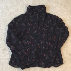 Express 100% Silk  Black & Pink Rose Sheer Blouse